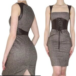 BEBE VINTAGE CORSETED LEATHER TWEED PENCIL DRESS SIZE 4
